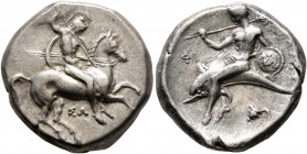 CALABRIA. Tarentum. Circa 315-302 BC. Didrachm or Nomos (Silver, 20.5 mm, 7.90 g, 12 h), Sa... and Phi..., magistrates. Nude, helmeted rider on horse ...