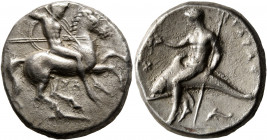 CALABRIA. Tarentum. Circa 315-302 BC. Didrachm or Nomos (Silver, 20.5 mm, 7.90 g, 1 h), Sa..., magistrate. Nude rider on horse galloping to right, sta...