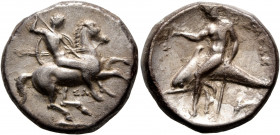 CALABRIA. Tarentum. Circa 315-302 BC. Didrachm or Nomos (Silver, 22 mm, 7.83 g, 12 h), Sa..., magistrate. Nude rider on horse galloping to right, stab...