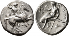 CALABRIA. Tarentum. Circa 315-302 BC. Didrachm or Nomos (Silver, 21.5 mm, 7.87 g, 1 h), Sa..., magistrate. Nude rider on horse galloping to right, sta...
