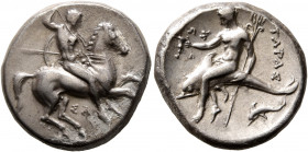 CALABRIA. Tarentum. Circa 315-302 BC. Didrachm or Nomos (Silver, 21 mm, 7.84 g, 12 h), Sa..., magistrate. Nude rider on horse galloping to right, stab...