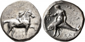 CALABRIA. Tarentum. Circa 302-280 BC. Didrachm or Nomos (Silver, 22 mm, 7.89 g, 9 h), Sa..., Arethon and Cas..., magistrates. Nude youth riding horse ...