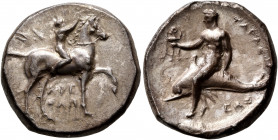 CALABRIA. Tarentum. Circa 302-280 BC. Didrachm or Nomos (Silver, 22 mm, 8.00 g, 9 h), Sa..., Arethon and Cas..., magistrates. Nude youth riding horse ...