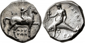 CALABRIA. Tarentum. Circa 302-280 BC. Didrachm or Nomos (Silver, 20 mm, 7.92 g, 5 h), Sa..., Arethon and Cas..., magistrates. Nude youth riding horse ...