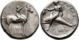 CALABRIA. Tarentum. Circa 302-280 BC. Didrachm or Nomos (Silver, 20.5 mm, 7.91 g, 7 h), Sa..., Philiarchos and Aga..., magistrates. Nude youth riding ...
