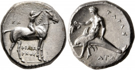 CALABRIA. Tarentum. Circa 302-280 BC. Didrachm or Nomos (Silver, 20.5 mm, 7.90 g, 12 h), Sa..., Philiarchos and Aga..., magistrates. Nude youth riding...