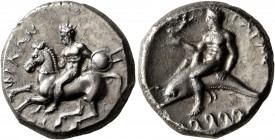 CALABRIA. Tarentum. Circa 302-280 BC. Didrachm or Nomos (Silver, 21 mm, 7.94 g, 11 h), Ey.. and Philon, magistrates. Nude warrior on horseback left, h...