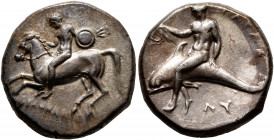 CALABRIA. Tarentum. Circa 302-280 BC. Didrachm or Nomos (Silver, 20 mm, 7.80 g, 3 h), Si.., Philokles and Ly..., magistrates. Nude warrior on horsebac...