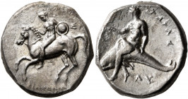 CALABRIA. Tarentum. Circa 302-280 BC. Didrachm or Nomos (Silver, 22 mm, 7.82 g, 12 h), Si.., Philokles and Ly..., magistrates. Nude warrior on horseba...