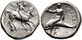 CALABRIA. Tarentum. Circa 302-280 BC. Didrachm or Nomos (Silver, 22 mm, 7.90 g, 9 h), Si... and Lykon, magistrates. Nude rider on horse galloping to r...