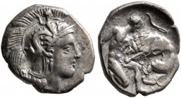 CALABRIA. Tarentum. Circa 325-280 BC. Diobol (Silver, 12 mm, 1.28 g, 2 h). Head of Athena to right, wearing crested Corinthian helmet adorned with Sky...