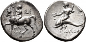 CALABRIA. Tarentum. Circa 272-240 BC. Didrachm or Nomos (Silver, 22 mm, 6.62 g, 9 h), Di... and Philotas, magistrates. Nude youth riding horse walking...