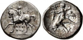 CALABRIA. Tarentum. Circa 272-240 BC. Didrachm or Nomos (Silver, 20.5 mm, 6.45 g, 12 h), Sy... and Lykinos, magistrates. Nude youth riding horse walki...