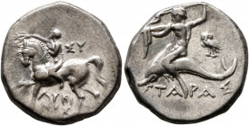 CALABRIA. Tarentum. Circa 272-240 BC. Didrachm or Nomos (Silver, 19.5 mm, 6.10 g, 11 h), Sy... and Lykinos, magistrates. Nude youth riding horse walki...