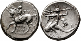 CALABRIA. Tarentum. Circa 272-240 BC. Didrachm or Nomos (Silver, 20 mm, 6.61 g, 3 h), Sy... and Lykinos, magistrates. Nude youth riding horse walking ...