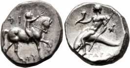 CALABRIA. Tarentum. Circa 272-240 BC. Didrachm or Nomos (Silver, 20 mm, 6.45 g, 6 h), Phi... and Zopyros, magistrates. Nude youth riding horse walking...