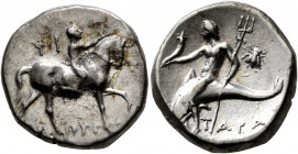 CALABRIA. Tarentum. Circa 272-240 BC. Didrachm or Nomos (Silver, 20 mm, 6.32 g, 2 h), Phi... and Zopyros, magistrates. Nude youth riding horse walking...