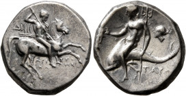 CALABRIA. Tarentum. Circa 272-240 BC. Didrachm or Nomos (Silver, 20 mm, 6.56 g, 6 h), Di... and Aristokles, magistrates. Nude rider on horse galloping...
