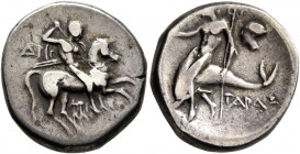 CALABRIA. Tarentum. Circa 272-240 BC. Didrachm or Nomos (Silver, 20 mm, 6.11 g, 11 h), Di... and Aristokles, magistrates. Nude rider on horse gallopin...