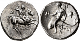 CALABRIA. Tarentum. Circa 272-240 BC. Didrachm or Nomos (Silver, 20.5 mm, 6.56 g, 8 h), Di... and Aristokles, magistrates. Nude rider on horse gallopi...