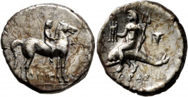CALABRIA. Tarentum. Circa 272-240 BC. Didrachm or Nomos (Silver, 21 mm, 6.51 g, 9 h), Philemenos, magistrate. Nude youth riding horse standing to righ...