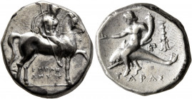 CALABRIA. Tarentum. Circa 272-240 BC. Didrachm or Nomos (Silver, 19.5 mm, 6.16 g, 8 h), Herakletos, magistrate. Nude rider on horse walking to right, ...