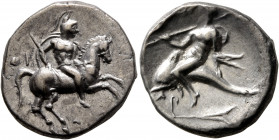 CALABRIA. Tarentum. Circa 272-240 BC. Didrachm or Nomos (Silver, 20 mm, 6.44 g, 6 h), Thi... and Aristok..., magistrates. Warrior on horse galloping t...