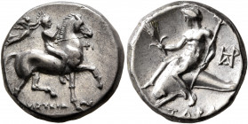 CALABRIA. Tarentum. Circa 272-240 BC. Didrachm or Nomos (Silver, 19.5 mm, 6.54 g, 11 h), Phi... and Aristeidas, magistrates. Nude youth riding horse w...
