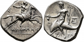 CALABRIA. Tarentum. Circa 240-228 BC. Didrachm or Nomos (Silver, 20.5 mm, 6.63 g, 10 h), Daimachos, magistrate. Nude youth riding horse galloping to r...