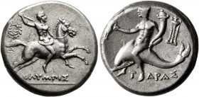 CALABRIA. Tarentum. Circa 240-228 BC. Didrachm or Nomos (Silver, 20 mm, 6.51 g, 4 h), Olympis, magistrate. Warrior on horse galloping to right, brandi...