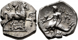 CALABRIA. Tarentum. Circa 240-228 BC. Didrachm or Nomos (Silver, 20 mm, 6.47 g, 10 h), Philokles, magistrate. Nude youth riding horse walking to right...