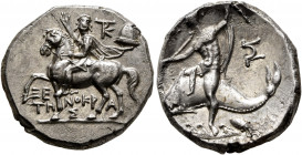 CALABRIA. Tarentum. Circa 240-228 BC. Didrachm or Nomos (Silver, 21.5 mm, 6.47 g, 10 h), Xenokrates, magistrate. Dioskouros, raising his right hand an...