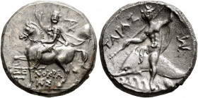 CALABRIA. Tarentum. Circa 240-228 BC. Didrachm or Nomos (Silver, 19.5 mm, 6.61 g, 3 h), Xenokrates, magistrate. Dioskouros, raising his right hand and...