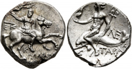 CALABRIA. Tarentum. Circa 240-228 BC. Didrachm or Nomos (Silver, 19.5 mm, 6.38 g, 12 h), Kallikrates, magistrate. Warrior on horseback to right, holdi...
