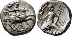 CALABRIA. Tarentum. Circa 240-228 BC. Didrachm or Nomos (Silver, 19 mm, 6.50 g, 9 h), Kallikrates, magistrate. Warrior on horseback to right, holding ...