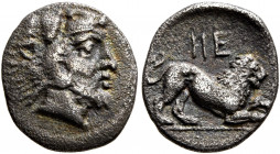 LUCANIA. Herakleia. Circa 432-420 BC. Diobol (Silver, 12 mm, 1.06 g, 6 h). Bearded head of Herakles to right, wearing lion skin headdress. Rev. HE Lio...