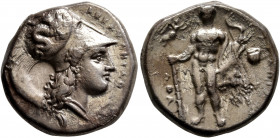 LUCANIA. Herakleia. Circa 330/25-281 BC. Didrachm or Nomos (Silver, 21.5 mm, 7.84 g, 1 h). Head of Athena to right, wearing Corinthian helmet adorned ...