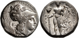 LUCANIA. Herakleia. Circa 281-278 BC. Didrachm or Nomos (Silver, 20 mm, 7.80 g, 12 h). Head of Athena to right, wearing Corinthian helmet adorned with...