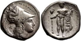 LUCANIA. Herakleia. Circa 281-278 BC. Didrachm or Nomos (Silver, 21 mm, 7.80 g, 2 h). Head of Athena to right, wearing Corinthian helmet adorned with ...