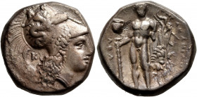 LUCANIA. Herakleia. Circa 281-278 BC. Didrachm or Nomos (Silver, 19.5 mm, 7.85 g, 7 h). Head of Athena to right, wearing Corinthian helmet adorned wit...