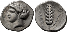 LUCANIA. Metapontion. Circa 400-340 BC. Didrachm or Nomos (Silver, 24.5 mm, 7.55 g, 12 h). Head of Demeter to left, her hair held back by net. Rev. ME...