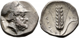 LUCANIA. Metapontion. Circa 340-330 BC. Didrachm or Nomos (Silver, 21 mm, 7.83 g, 6 h). Bearded head of Leukippos to right, wearing Corinthian helmet;...