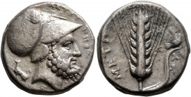 LUCANIA. Metapontion. Circa 340-330 BC. Didrachm or Nomos (Silver, 19.5 mm, 7.91 g, 4 h). ΛEYKIΠΠOΣ Bearded head of Leukippos to right, wearing Corint...