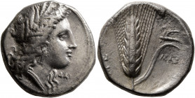 LUCANIA. Metapontion. Circa 330-290 BC. Didrachm or Nomos (Silver, 20 mm, 7.81 g, 3 h). Head of Demeter to right, wearing wreath of grain ears, triple...
