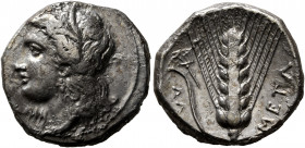 LUCANIA. Metapontion. Circa 330-290 BC. Didrachm or Nomos (Silver, 21 mm, 7.71 g, 1 h). Head of Demeter to left, wearing wreath of grain ears, triple ...