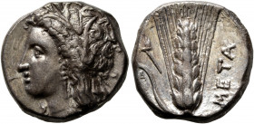 LUCANIA. Metapontion. Circa 330-290 BC. Didrachm or Nomos (Silver, 19 mm, 7.81 g, 3 h). Head of Demeter to left, wearing wreath of grain ears, triple ...