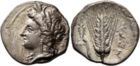 LUCANIA. Metapontion. Circa 330-290 BC. Didrachm or Nomos (Silver, 23 mm, 7.70 g, 12 h). Head of Demeter to left, wearing wreath of grain ears, triple...