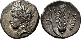 LUCANIA. Metapontion. Circa 330-290 BC. Didrachm or Nomos (Silver, 22.5 mm, 7.46 g, 1 h). Head of Demeter to left, wearing wreath of grain ears, tripl...