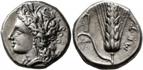 LUCANIA. Metapontion. Circa 330-290 BC. Didrachm or Nomos (Silver, 21.5 mm, 7.91 g, 5 h). Head of Demeter to left, wearing wreath of grain ears, tripl...