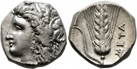 LUCANIA. Metapontion. Circa 330-290 BC. Didrachm or Nomos (Silver, 19 mm, 7.90 g, 2 h). Head of Demeter to left, wearing wreath of grain ears, triple ...